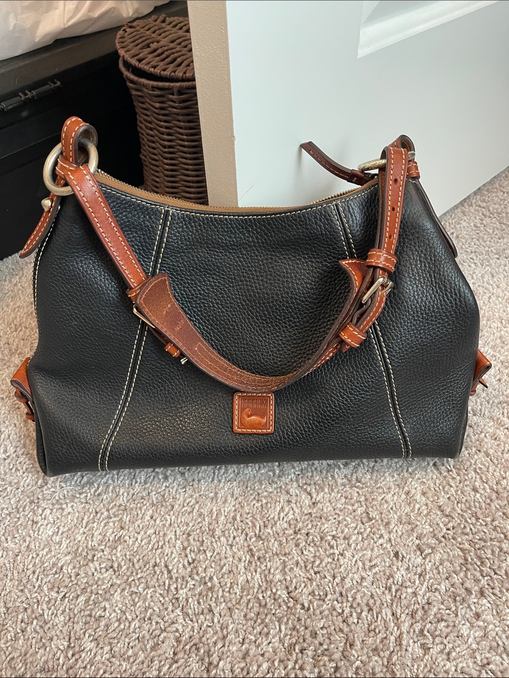 Dooney & Bourke Black Leather Shoulder Bag with Brown Trim